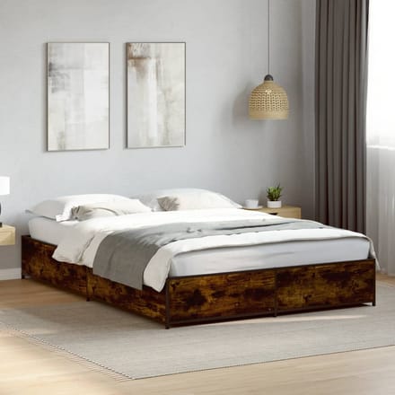 vidaXL - Bedframe - bewerkt - hout - metaal - gerookt - eikenkleurig - 120x190 - cm