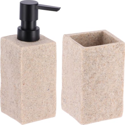 Badkamer set - zeeppomp/tandenborstelbeker - creme - kunststeen - polyresin