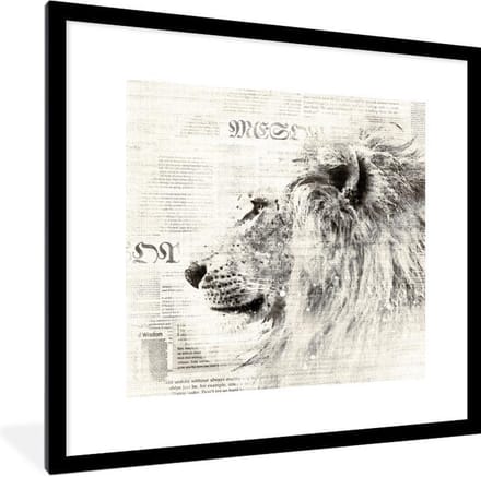 Fotolijst incl. Poster - Leeuw - Krant - Zwart - Wit - 40x40 cm - Posterlijst