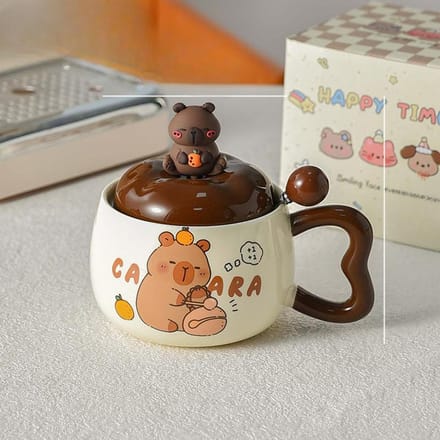 Tasse Capybara Mignonne Tasse avec Couvercle et Cuillère Céramique Créative Style Garçons Tasse à Petit Déjeuner pour Enfants Grande Capacité 400ml