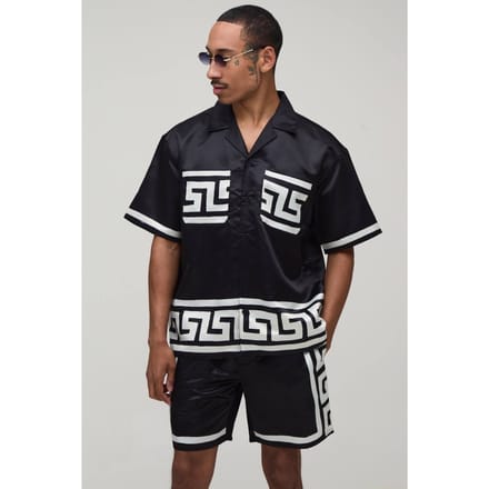 Oversized Short Sleeve Abstract Boarder Print Satin Shirt & Short Set | Black | Size Medium