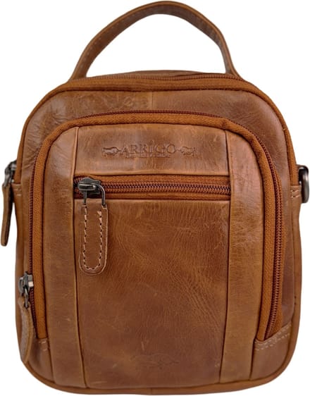 Compact leren schoudertasje - Echt leer - Schoudertas vrouw - Schoudertassen Heren - Heuptasje - Rundleer - Cognac