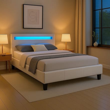 Gestoffeerd bed MIRASOL 120x200 cm met led-verlichting, kunstleer - wit