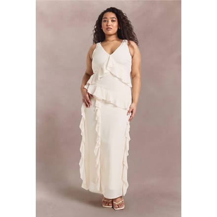 boohoo Dames Plus Asymmetrische Maxi Jurk Met Ruches Op De Taille | Ecru | Maat: 44