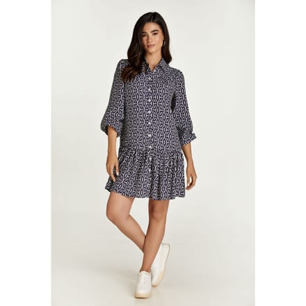 Navy en witte print jurk met knopen