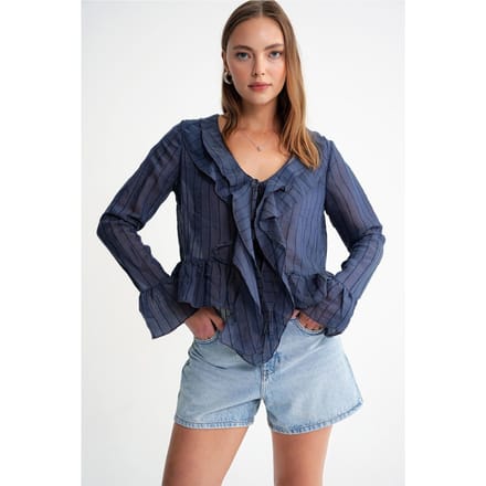 Frilly V-hals Gestreepte Blouse met Striksluiting