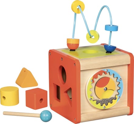 Goki Wooden Activity Cube Beatbox and Motor Skills Spiral