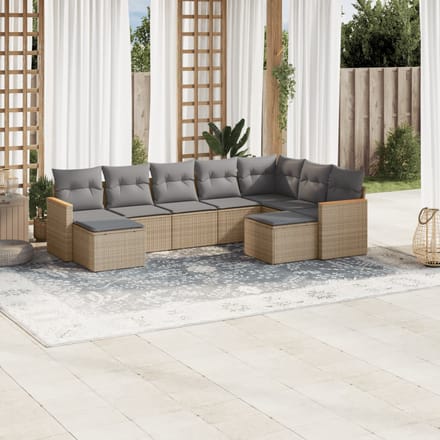 vidaXL - 9-delige - Loungeset - met - kussens - poly - rattan - gemengd - beige