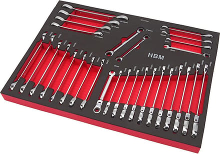 HBM professionele 30-delige ring-, ratel- en steeksleutelset foam inlay