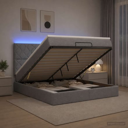 vidaXL - Ottomaanse - Bed - met - Matras - en - LED - Lichtgrijs - 180 - x - 200 - cm - Stof