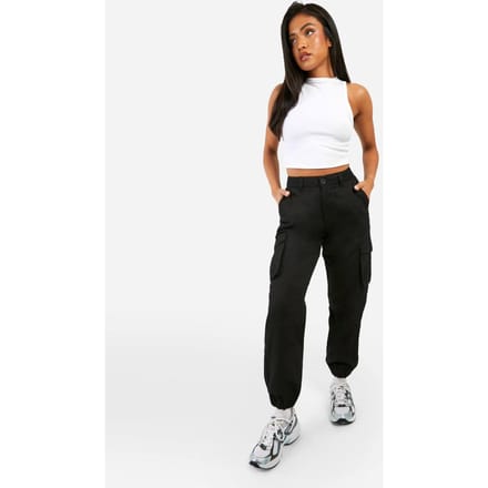 boohoo Dames Petite hoog getailleerde twill cargojoggers | Zwart | Maat: 36