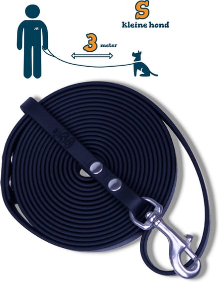 Miqdi hondenriem - BioThane – zwart – 3 meter lang – 9mm breed – XS/S – kleine hond