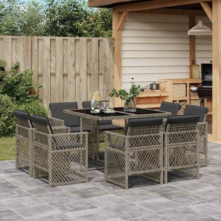 vidaXL - 9-delige - Tuinset - met - kussens - poly - rattan - grijs