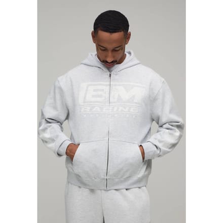 Grijze Gemêleerde Oversized Boxy Hoodie Met Raceprint En Rits | Grey Marl | Size Medium