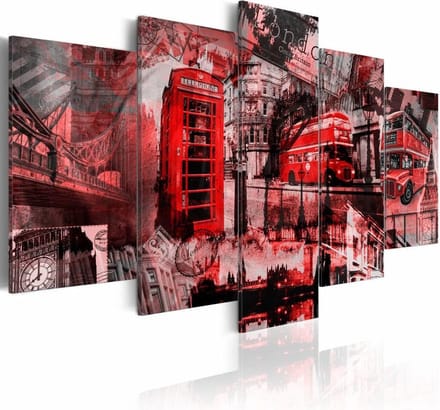 Schilderij - Londen collage, Rood, 5luik, premium print