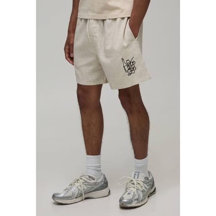 Relaxed Fit Linen Blend Boxer Style Embroidered Short | Natural | Size XL