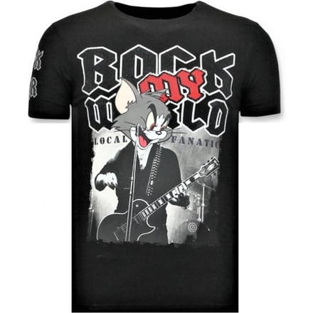 Funny T-Shirt Mannen- Rock My World Cat - Zwart