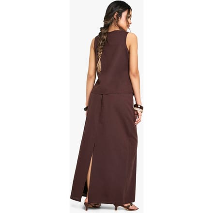 boohoo Dames Linnen Maxi-Rok met Split aan de Achterzijde | Chocolate | Maat: 6