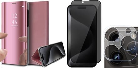 Hoesje geschikt voor iPhone 15 Pro Max - Privacy Screenprotector FullGuard & Camera Lens Screen Protector - Book Case Spiegel Roségoud