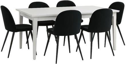 Venedig eethoek eettafel wit 95x180/276 met 2 stuks extra plaat 6 stoelen velours zwart.