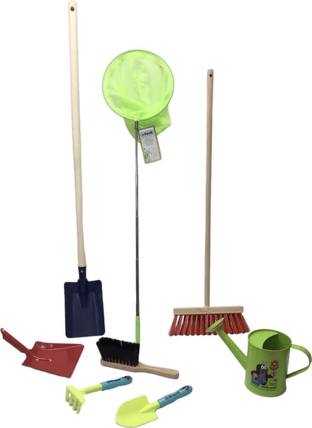 kinder Tuingereedschap - schep - Bezem - emmer - schepje - schopje - harkje - heuptasje