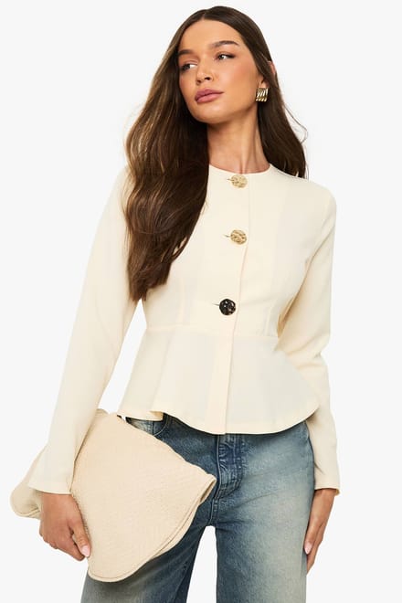 boohoo Dames Gouden Knop Peplum Blazer | Boter | Maat: 36