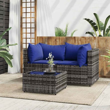 vidaXL - 3-delige - Loungeset - met - kussens - poly - rattan - grijs
