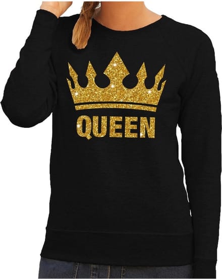 Bellatio Decorations Koningsdag Sweater voor dames - Queen - glitter goud - zwart - feestkleding M