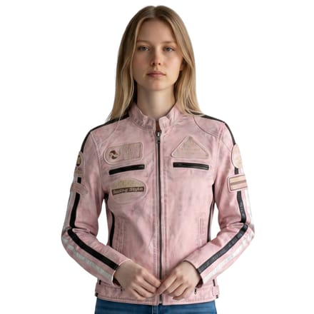 Dames Biker Racing Badges Roze Leren Jas-Incheon