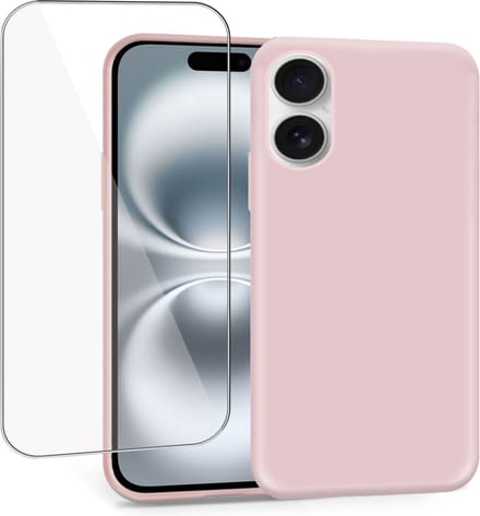 Geschikt voor Apple iPhone 16 Plus - Hoesje + Screenprotector – Gehard Glas Cover - Suède Case Rose
