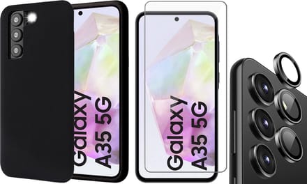Hoesje geschikt voor Samsung Galaxy A35 - Screenprotector Glas & Camera Protector - Mat Back Case Zwart