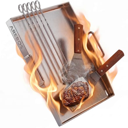 AREBOS RVS Plancha 40x30 cm 800°C BBQ Bakplaat met 2 Spatels 5 Spiezen LFGB