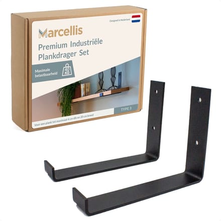 Marcellis - 2x Industriële plankdrager - Voor plank 20cm + schroefset - mat zwart - staal - T4