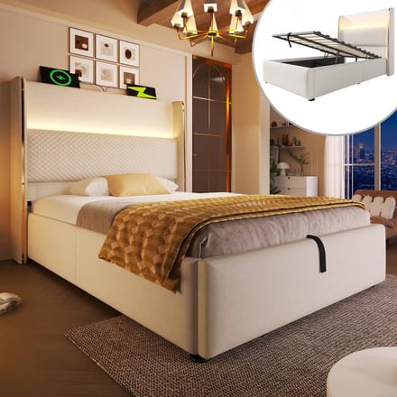 Hydraulisch bed - 90x200 - Hoog Hoofdeinde LED Stauraum USB/Type-C - Linnen - Beige - Zonder matras