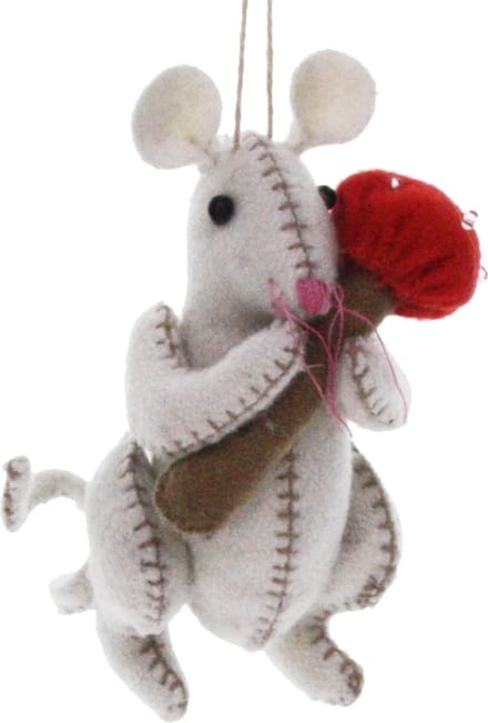 Muis wit met paddestoel, vilt 11cm
