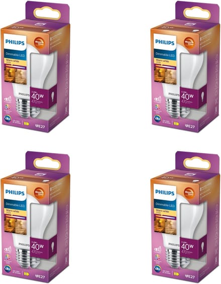 Philips Voordeelverpakking - E27 - LED Standaard lamp - Mat - 40W - Dimbaar - Warmwit Licht - Set van 4 Stuks