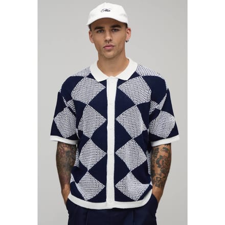 Gebreid Shirt Met Ontspannen Pasvorm En Open Haaksteek | Navy | Size Large