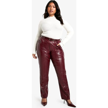 boohoo Dames Plus Slim Fit Croc PU Broek | Wijn | Maat: 50