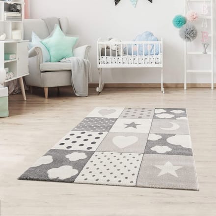 Kindertapijt Patchwork Design voor Kinderkamer - Blauw, Grijs en Roze