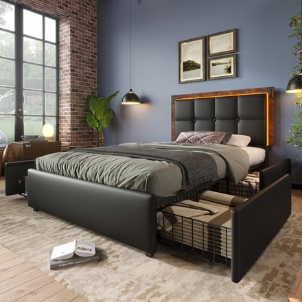 Functioneel Bedframe - Opbergbed Modern - Slaapkamer Organiseren - Verstelbaar Hoofdeinde - 90x200 cm - Zwart
