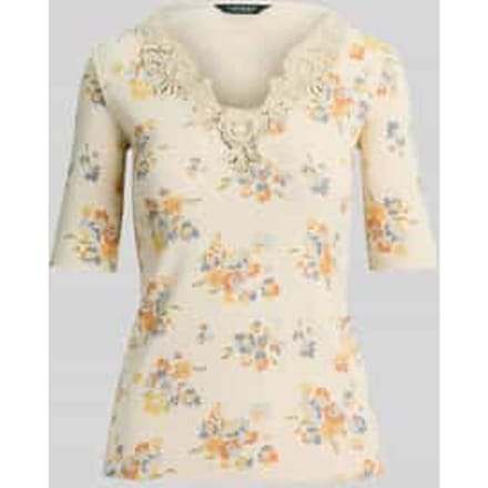 slim fit T-shirt van katoenmix met kant
