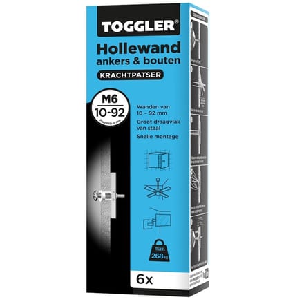 Toggler Hollewandanker M6 + bout doos 6st - Plaatdikte 10-92mm