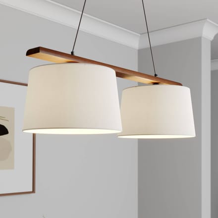 Lamkur Hanglamp Zweden, antiek wit, textiel, walnoot, 2-lamps