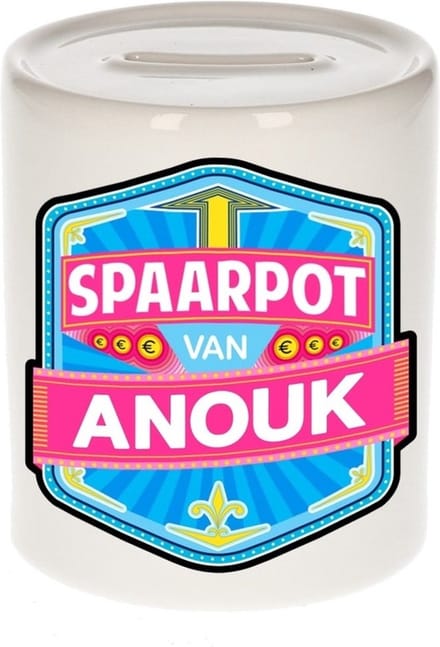 Bellatio Decorations Kinder spaarpot met naam - Anouk - keramiek - met dop - wit - Sparen - Spaargeld van Anouk