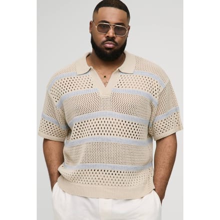 Plus Boxy Oversized Stripe Open Knit Polo T-Shirt | Stone | Size 2XL