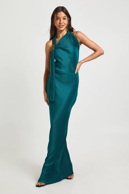 boohoo Dames Plisse Halter Detail Kolom Maxi Jurk | Teal | Maat: 8