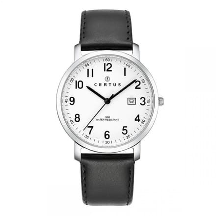Certus-Duidelijk heren horloge-Datumaanduiding-Zwart lederen band.