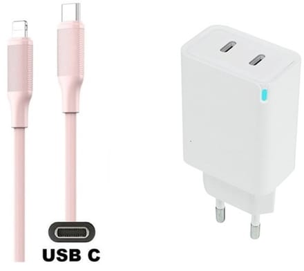 45W super snellader met 2 poorten USB C - USB C + 1,0m USB C naar Lightning kabel. Universele PD PPS lader. Oplader adapter past op Apple iPhone 8 t/m iPhone 14
