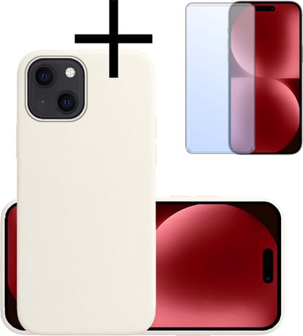 Hoesje - Met Screenprotector - Geschikt voor Apple iPhone 15 Plus - Sterk & Shockproof - Back Cover - Siliconen Case - Telefoon Hoes - Wit
