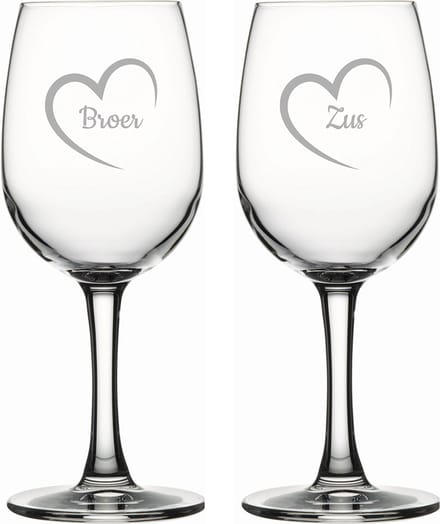 Gegraveerde witte wijnglas 26cl Broer met hartje & Zus met hartje